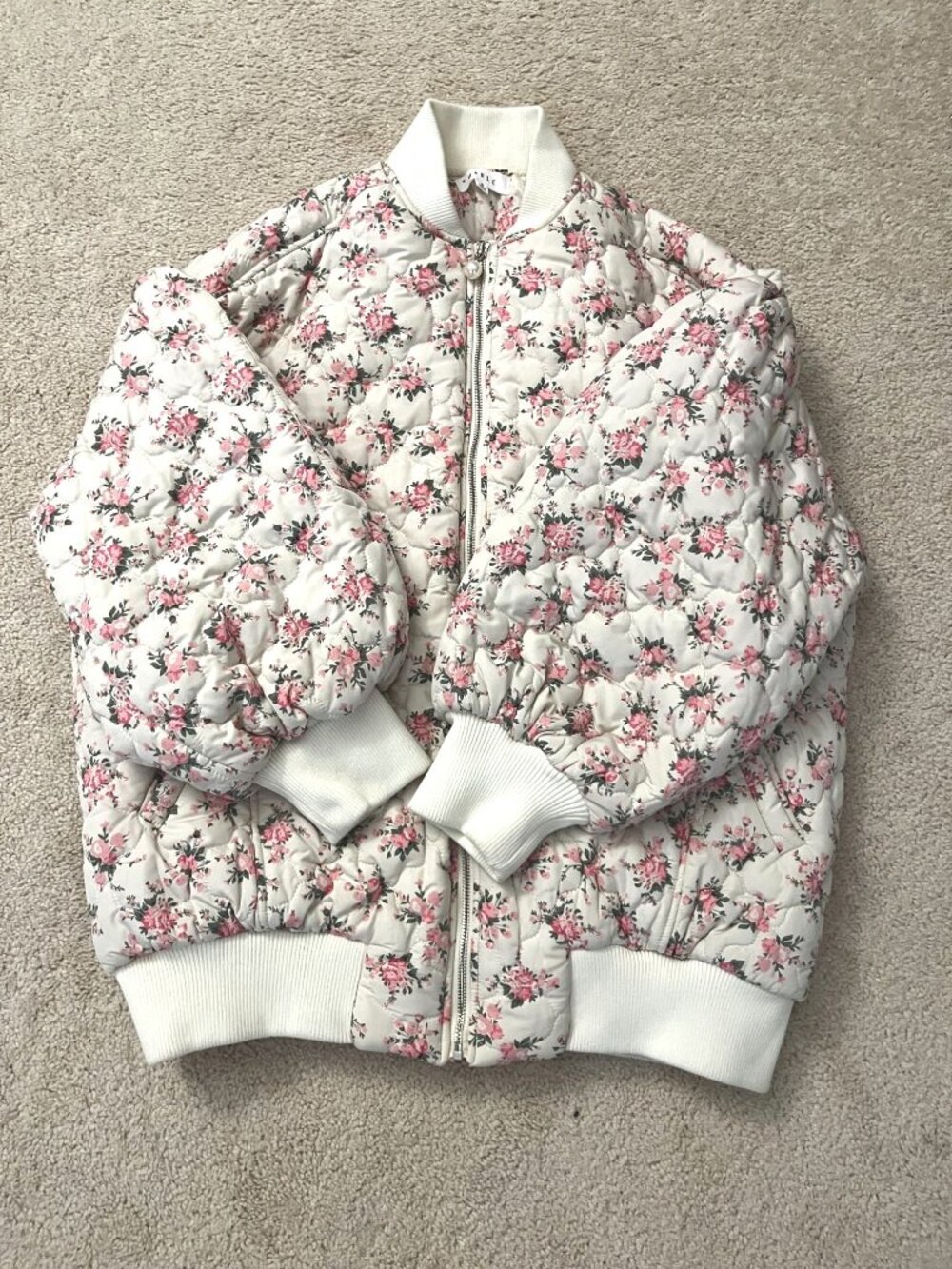 Mable Mallory Oversized Floral Bomber Jacket SMALL Cream Pink Anthropologie - Picture 6 of 13